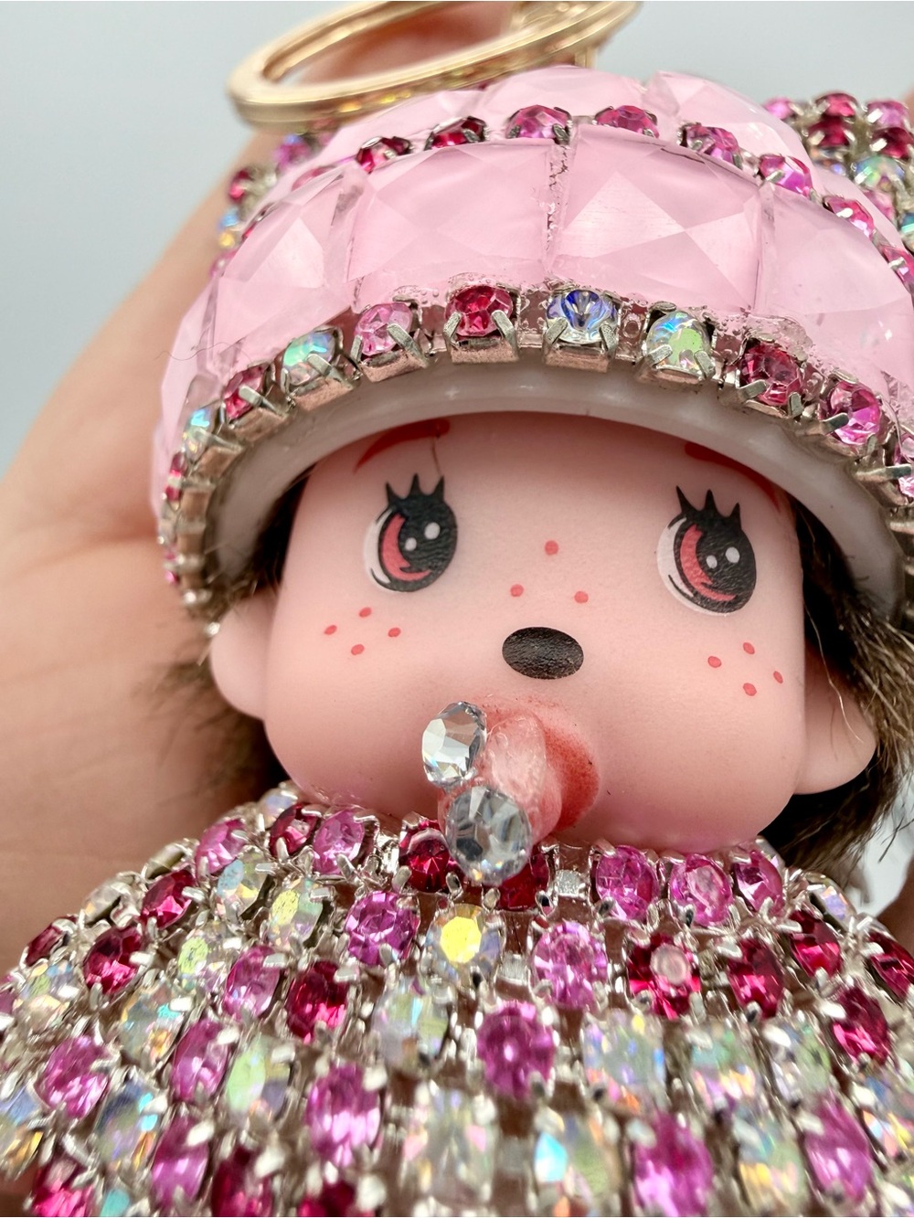 Monchhichi Style Crystal Rhinestone Doll Keychain Bag Charm Pink Bling Sparkle - Picture 3 of 6